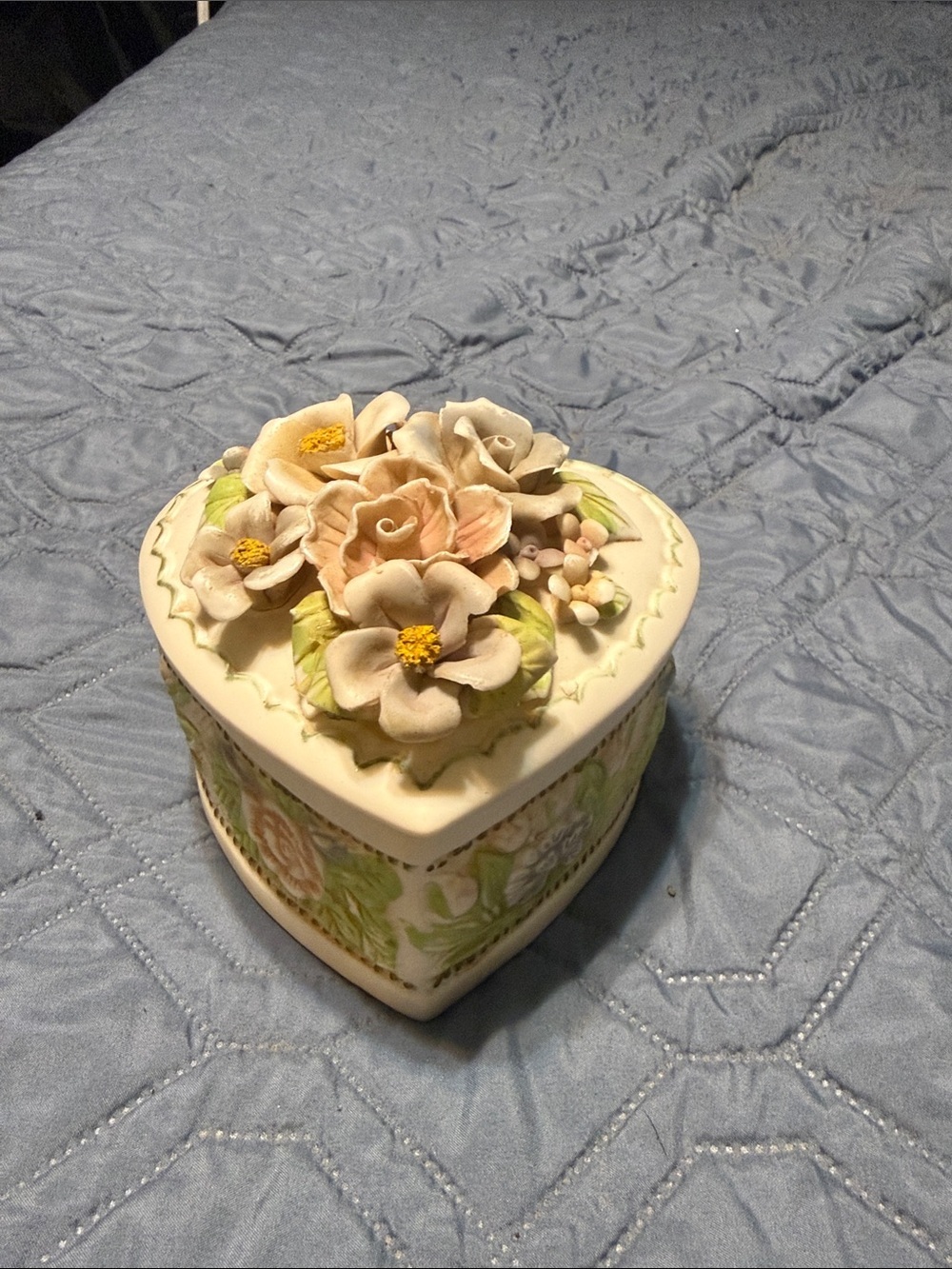 Ceramic Heart Trinket Box with Floral Accents - Ivory and Pastel